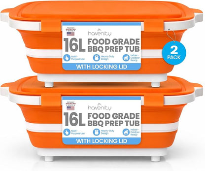 BBQ Prep Tub 2 Pack (16L+16L) - Multifunctional Collapsible Camping Cutting Board with Upgraded Locking lid, Meal Prep Meat Storage Container Perfect for Grilling, Outdoor Cooking (XL x 2)