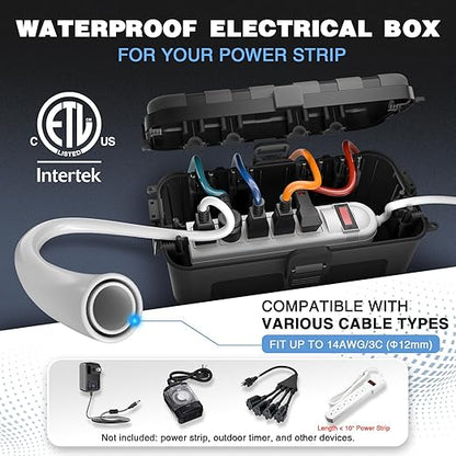 Flemoon [2 Pack] Outdoor Electrical Box Waterproof, Medium Weatherproof Electrical Box (11.5x5.2x4 inch) w/6 Cable Entry Ports, Extension Cord Cover for Power Strip, Timer, Plug, Holiday Light, Black