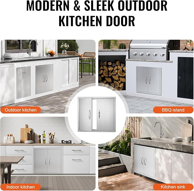 VEVOR BBQ Access Door, 26W x 24H Inch Double Outdoor Kitchen Door, Stainless Steel Flush Mount Door, Wall Vertical Door with Handles, for BBQ Island, Grilling Station, Outside Cabinet, Silver