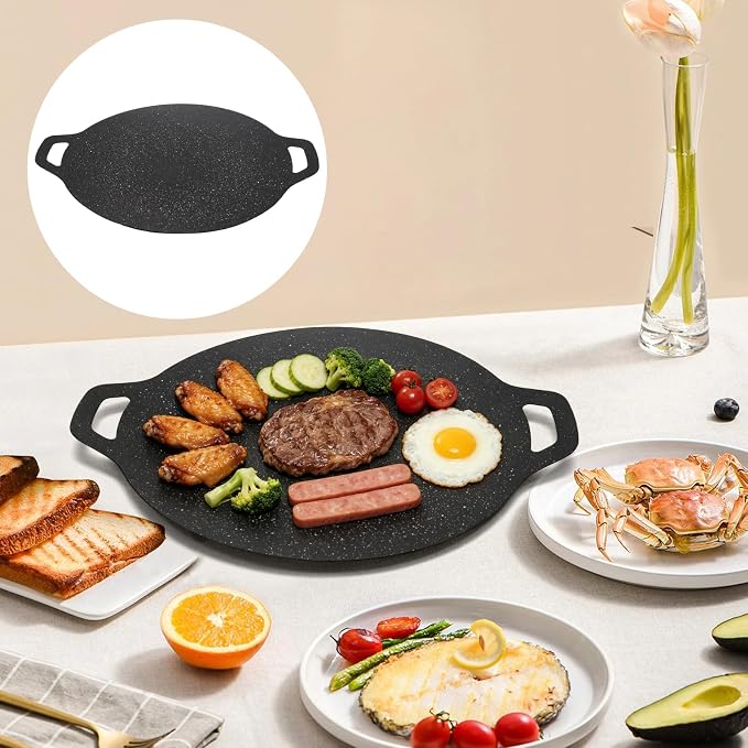 Korean Grill Pan, 11.8 Inch Round Griddle with Handle | Non-stick Coating Baking Tray for Indoor and Outdoor Stovetop Use