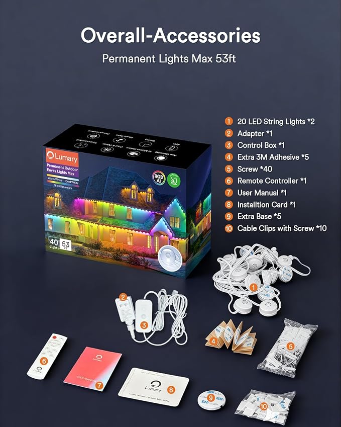 Lumary Permanent Outdoor Lights Max 53FT with 40 LED Eave Lights, RGBAICW | 2400LM, IP67 Waterproof, Smart Outdoor Lighting for Patio, Backyard & Pool Parties, Works with Alexa & Google Assistant
