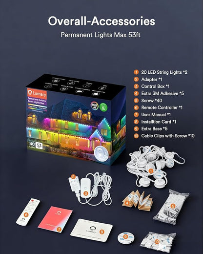 Lumary Permanent Outdoor Lights Max 53FT with 40 LED Eave Lights, RGBAICW | 2400LM, IP67 Waterproof, Smart Outdoor Lighting for Patio, Backyard & Pool Parties, Works with Alexa & Google Assistant