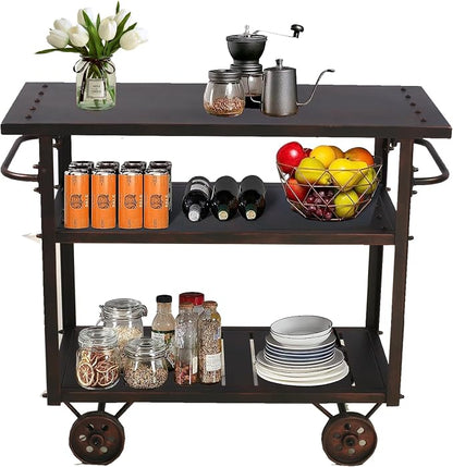 Topower Industrial Bar Cart, Serving Cart with Wheels and Handle, 3-Tier Beverage All-Metal Cart with Removable Tray and Storage Shelves for Living Room Kitchen, Rustic Copper