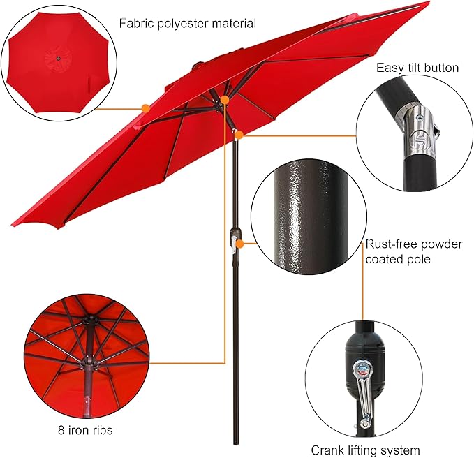 9' Outdoor Patio Umbrella, Outdoor Table Umbrella, Yard Umbrella, Market Umbrella with 8 Sturdy Ribs, Push Button Tilt and Crank