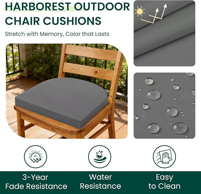 HARBOREST Outdoor Chair Cushions Set of 6, Water Resistant Patio Chair Cushions with Ties, Outdoor Seat Cushions for Patio Furniture, 17"x16"x2", Dark Grey