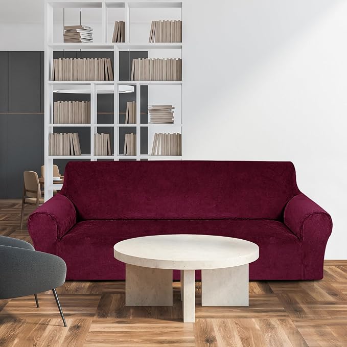 Peryiter 3 Pcs Couch and Loveseat Sofa Covers,Burgundy,Velvet | Armchair Covers for Living Room, Sofa Cushion Slipcover, Furniture Protector, Polyester and Spandex, Washable