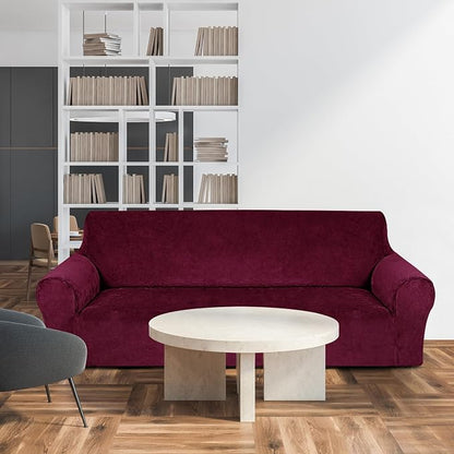 Peryiter 3 Pcs Couch and Loveseat Sofa Covers,Burgundy,Velvet | Armchair Covers for Living Room, Sofa Cushion Slipcover, Furniture Protector, Polyester and Spandex, Washable