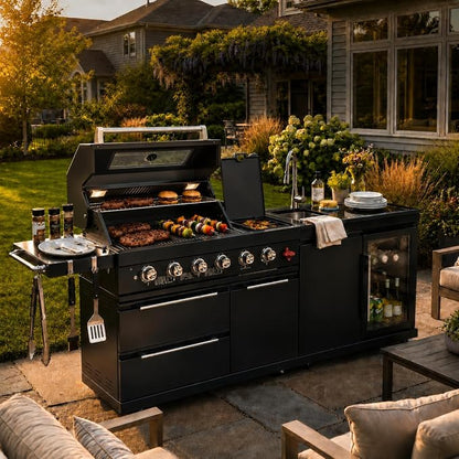 84 Inch Outdoor Kitchen Island Grill, 6 Burner 75300 BTU Propane BBQ Island with Sink, Beverage Refrigerator, Rotisserie Kit, Griddle, SS304 Stainless Steel, Granite Top, Black