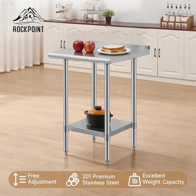ROCKPOINT All Stainless Steel Perp Table with Backsplash 24x24 Inch, Commercial Heavy Duty Table with Stainless Legs & Adjustable Undershelf, 670 lb Capacity for Restaurant,Home and Outdoor Kitchens
