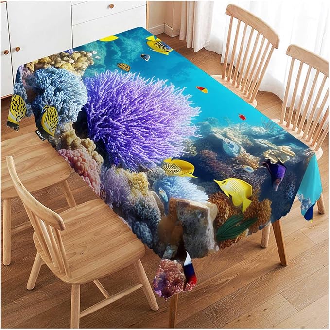 Swono Underwater World Tablecloths Tropical Coral Reefs Jellyfish Kitchen Dinning Tabletop Decoration, Polyester Table Cover for Indoor Outdoor 50x72 Inch Tablecloth