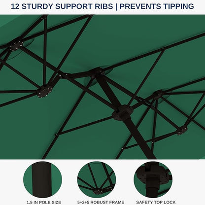 15FT Large Patio Umbrella with Base, Double Sided Rectangular Outdoor Umbrella with Sturdy Fiberglass Ribs, UPF 50+ Sun Protection, Wind-Resistant, Waterproof Fade-Resistant Fabric for Pool, Garden, Backyard, Deck(Dark Green)