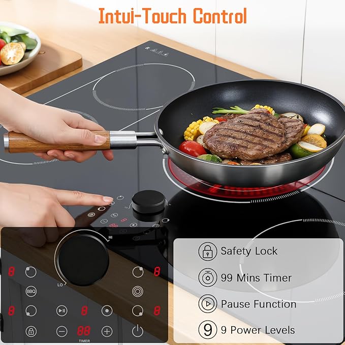 36 Inch Electric Cooktop, 5 Burner Stove Top 9600W, Built in Electric Cooktop 36", Magnetic Knob, Three-ring Burner & BBQ, Timer, Safety Lock, Pause, 220V-240V Hard Wire (No Plug)