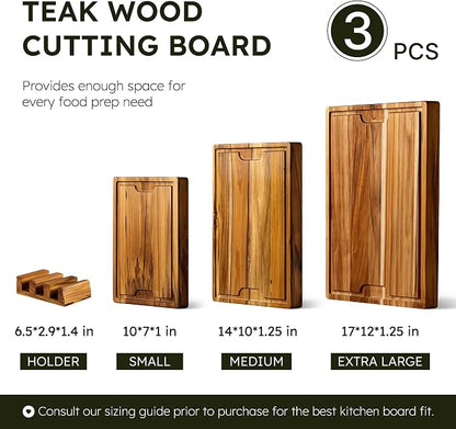 3-Piece Teak Cutting Board Set, Butcher Blocks with Juice Groove | Thick Cutting Board for Meat and Brisket, End Grain Cutting Board for Kitchen, Wooden Cutting Board for Carving