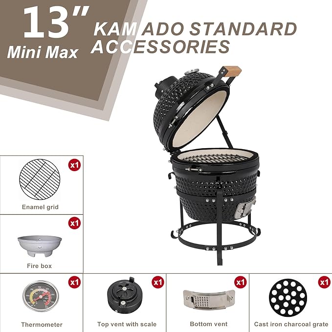 13" Round Ceramic Kamado Charcoal Grill - Heavy-Duty Black Outdoor BBQ Smoker with Heat Retention, Portable Egg Design for Grilling, Smoking, Baking & Roasting (Includes Ash Tool)