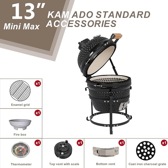 Ceramic Charcoal Grill, 13 Inch Kamado BBQ Grill for Outdoor Cooking, Heavy Duty Ceramic Smoker and Roaster with Superior Heat Retention, Fuel Efficient Outdoor Grill, Black