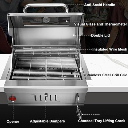 Built-In Stainless Steel Charcoal Grill for Outdoor Kitchen,28 Inch Large Charcoal BBQ Grills with Liftable Tray,Insulated Hood,Temperature Gauge & Cover for Camping,Patio,Park(Glass Square Lid)