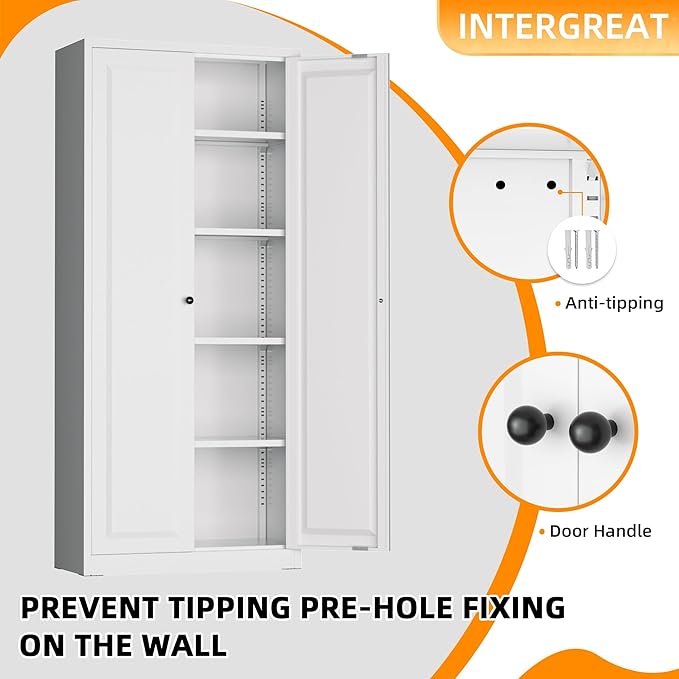 INTERGRAET Kitchen Pantry Cabinet, 63" Tall Metal Pantry Storage Cabinets with 2 Doors and 4 Shelves, Metal Storage Cabinet,Cupboard for Home,Kitchen,Living Room/Dining, White