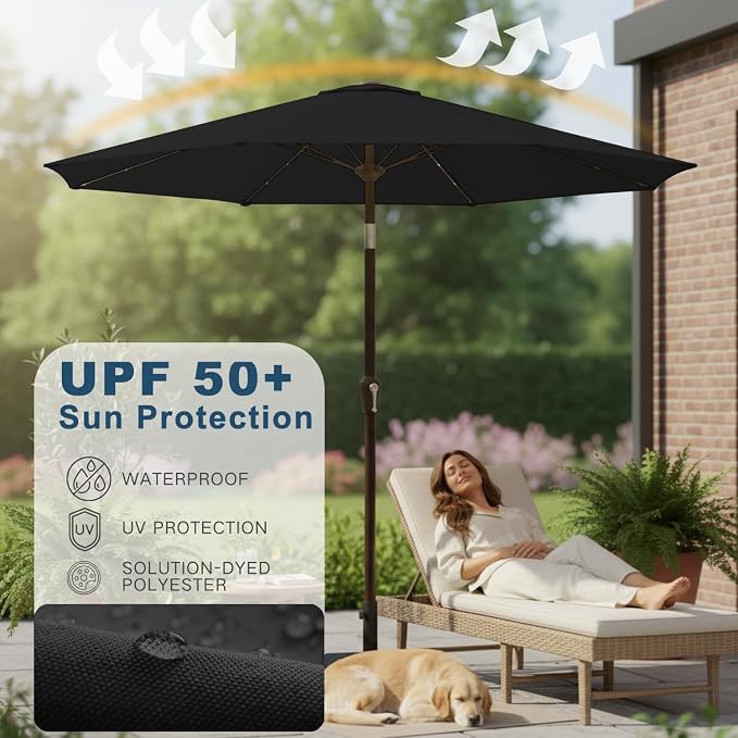 9' Solar LED Patio Umbrella with Tilt & Crank|8 Sturdy Ribs,UV Protection,Outdoor Market Table Umbrella for Deck,Lawn,Pool,Backyard(Black)
