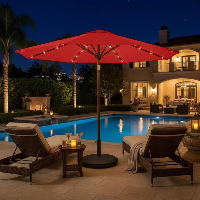 9' Solar LED Patio Umbrella with Tilt & Crank|8 Sturdy Ribs,UV Protection,Outdoor Market Table Umbrella for Deck,Lawn,Pool,Backyard (Red)