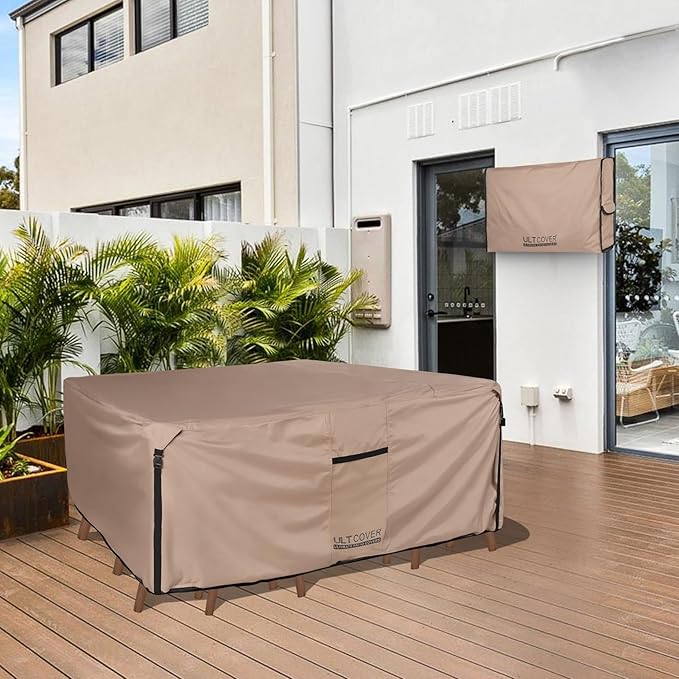 ULTCOVER Rectangular Patio Heavy Duty Table Cover - 600D Tough Canvas Waterproof Outdoor Dining Table and Chairs General Purpose Furniture Cover Size 76L x 54W x 28H inch