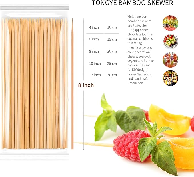 [100 PCS] 8 inch Bamboo Skewers, Premium Wooden Skewers without Splinters, Skewers for Grilling, BBQ, Appetizer, Fruit Kabobs, Chocolate Fountain, Cocktail Toothpicks, and Food Skewer Sticks.