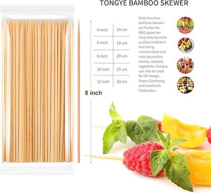 [100 PCS] 8 inch Bamboo Skewers, Premium Wooden Skewers without Splinters, Skewers for Grilling, BBQ, Appetizer, Fruit Kabobs, Chocolate Fountain, Cocktail Toothpicks, and Food Skewer Sticks.