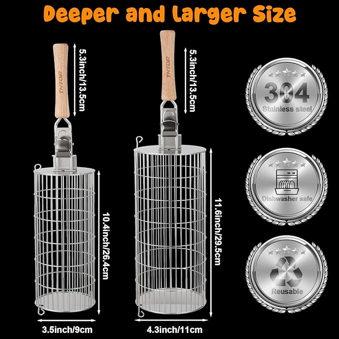 TNTOR Rolling Grill Basket, Larger 304 Stainless Steel Nesting Grilling Net, Removable Handle, BBQ Accessories Tools for Veg Shrimp, Outdoor Cooking Camping Father's Day grilling gifts for men Dad