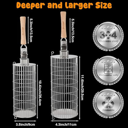 TNTOR Rolling Grill Basket, Larger 304 Stainless Steel Nesting Grilling Net, Removable Handle, BBQ Accessories Tools for Veg Shrimp, Outdoor Cooking Camping Father's Day grilling gifts for men Dad