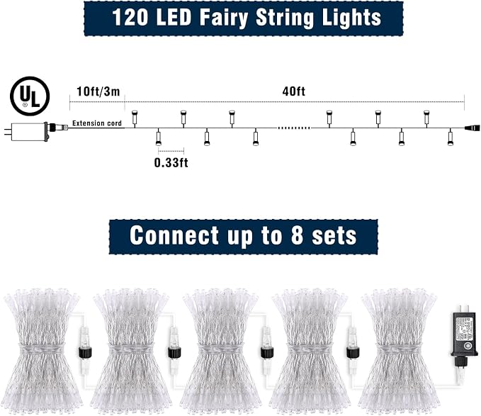 40FT 120 LED Outdoor String Lights, Multicolor Christmas Lights Indoor | Plug in Waterproof 8 Modes Clear Wire Twinkle Fairy Lights for Bedroom Outside Patio Yard Xmas Party Holiday Decorations
