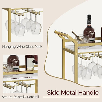 MAHANCRIS Gold Bar Cart, Bar Cart for Home, 2-Tier Wine Rack, Wine Cart with Wheels, Drink Cart with Glass Holder, Serving Cart for Kitchen, Gold and White RCJW18101