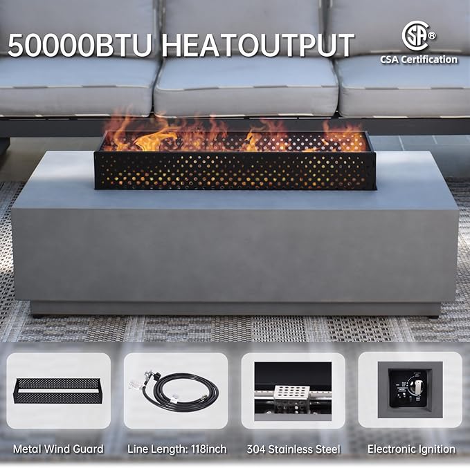 3-in-1 Propane Fire Pit Table, 50000 BTU Smokeless Firepit with Wind Guard and Tank Cover Table, Includes Rain Cover, Lava Rocks, and 2 Baking Pan, CSA Certified -Gas Fire Pits for Outside Patio