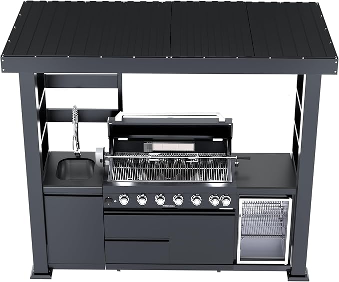 94-Inch 6-Burner 85000 BTU Stainless Steel Natural Gas Grill Outdoor Kitchen Island with Canopy,684Sq.In Cooking Area,Wine Cooler,Refrigerator,Rotisserie,For Backyard BBQ,Black
