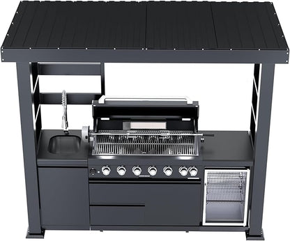 94-Inch 6-Burner 85000 BTU Stainless Steel Natural Gas Grill Outdoor Kitchen Island with Canopy,684Sq.In Cooking Area,Wine Cooler,Refrigerator,Rotisserie,For Backyard BBQ,Black