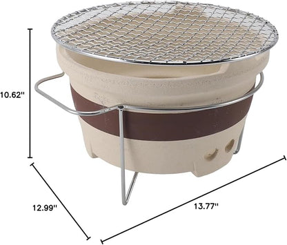 Traditional Chinese Clay Charcoal Stove for Tea Making & Grilling, Indoor Outdoor Camping Picnic BBQ, Portable Ceramic Stove with Grill Net & Stand (9.45 Inch)