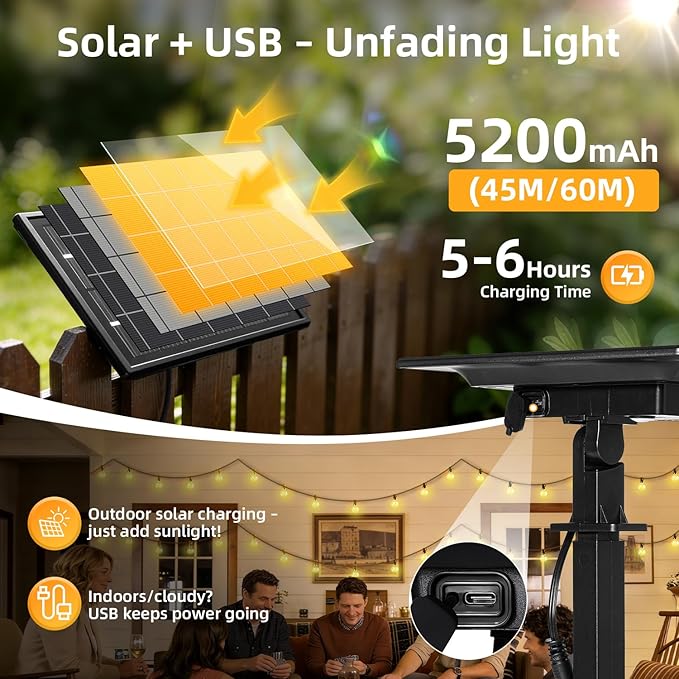 150FT Solar Lights Outdoor Waterproof: G40 45M Shatterproof Bulbs Patio Lights - Solar Powered Remote Control 3 Light Modes Dimmable Solar Light - Camping Backyard Garden Deck Outside Yard