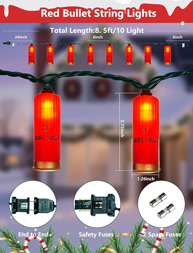 8.5Ft Shotgun Shell String Light Outdoor, 10 LED Red Bullet Decor Lights | Shatterproof & Waterproof, End-to-end Connectable, Hanging Christmas Decor UL listed for Home Wedding Party, 2700K Warm White