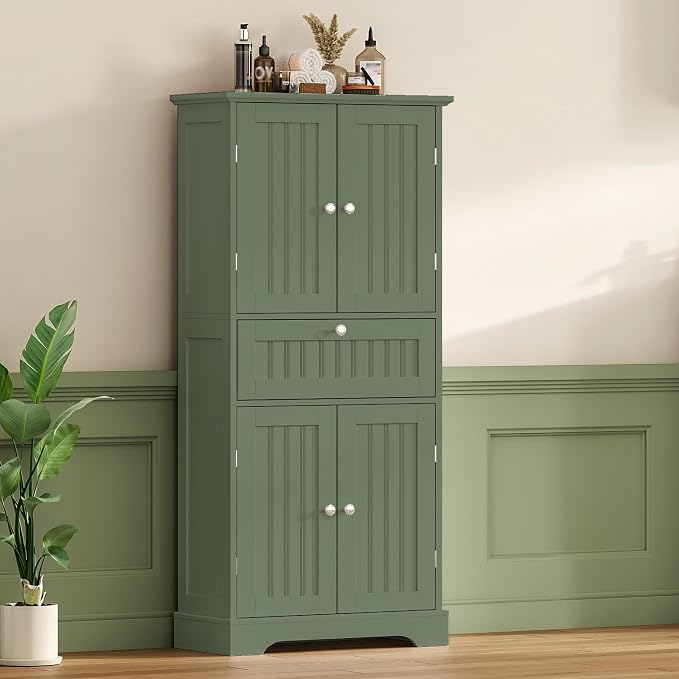 ChooChoo 51" H Bathroom Floor Cabinet with Drawers and Adjustable Shelves | Bathroom Storage Cabinet, Freestanding Kitchen Pantry Cupboard with 4 Doors for Living Room, Green