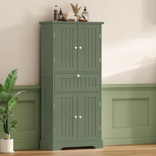 ChooChoo 51" H Bathroom Floor Cabinet with Drawers and Adjustable Shelves | Bathroom Storage Cabinet, Freestanding Kitchen Pantry Cupboard with 4 Doors for Living Room, Green