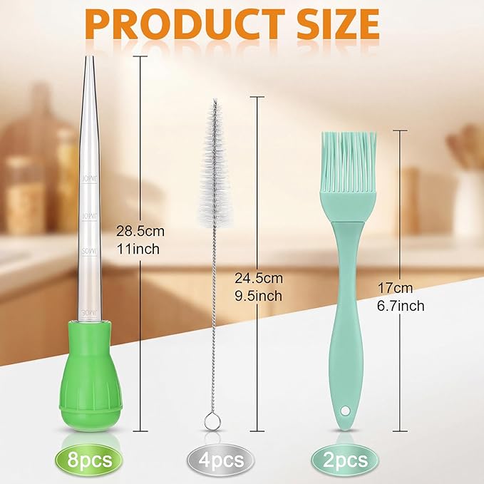 Boao 14 Pcs Heat-resistant Turkey Baster Cooking Set Includes 8 Pcs 11 Inch Large Syringe Turkey Baster, 2 Basting Brush, 4 Cleaning Brush, Meat, Food Injector for Poultry, Beef,Chicken(Classic Color)