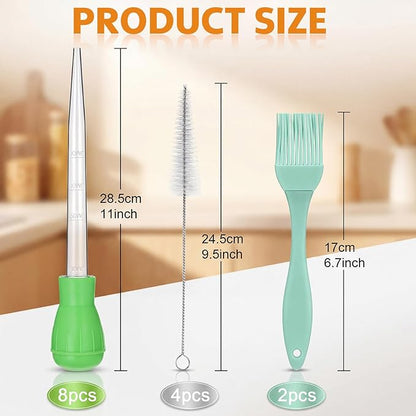Boao 14 Pcs Heat-resistant Turkey Baster Cooking Set Includes 8 Pcs 11 Inch Large Syringe Turkey Baster, 2 Basting Brush, 4 Cleaning Brush, Meat, Food Injector for Poultry, Beef,Chicken(Classic Color)