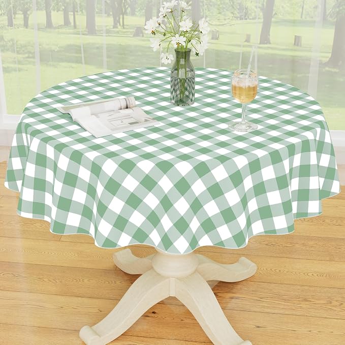 Smiry Picnic Table Cloth, Vinyl Tablecloths with Flannel Backing, 60" Round | Waterproof Picnic Table Cloth, Wipeable Buffalo Plaid Table Cover for Indoor and Outdoor (Sage Green & White)