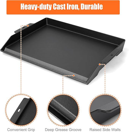 Cast Iron Griddle for Gas Grill and Stove Top, 23" x 16" Universal Flat Top Plate, X-Shaped Reinforced Ridges, Nonstick Coating Large BBQ Flat Top Plate for Camping, Parties