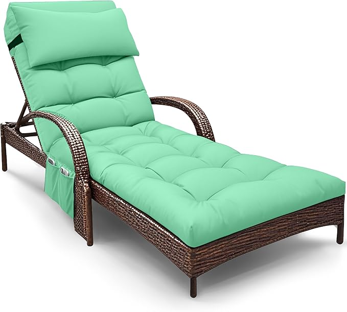 Outdoor Chaise Lounge Cushion, Waterproof Lounge Chair Cushion for Outdoor Furniture, 71 x 21 x 4 Inches Patio Cushion with Straps for Lawn Pool Furniture (Cyan, Lounge Chair Cushion)