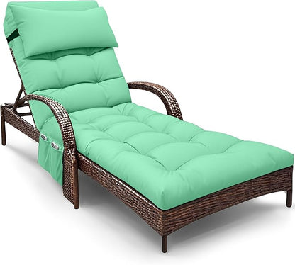 Outdoor Chaise Lounge Cushion, Waterproof Lounge Chair Cushion for Outdoor Furniture, 71 x 21 x 4 Inches Patio Cushion with Straps for Lawn Pool Furniture (Cyan, Lounge Chair Cushion)