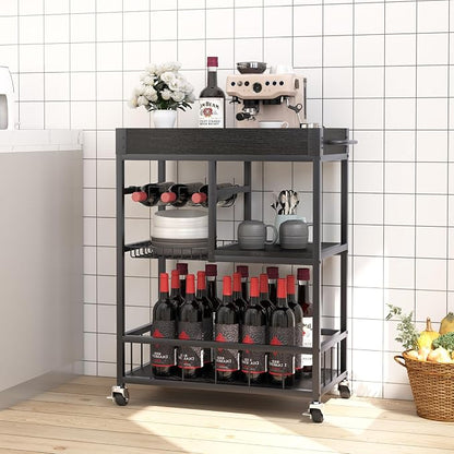 Bar Cart with Basket Wine Rack with Wheels Wood Metal Cart for Party | Basket
