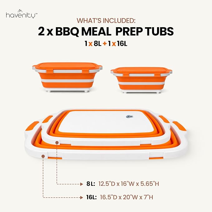 BBQ Prep Tub 2 Pack (8L+16L) - Multifunctional Collapsible Camping Cutting Board with Upgraded Locking Lid, Meal Prep Meat Storage Container Perfect for Grilling, Outdoor (Large + XL)