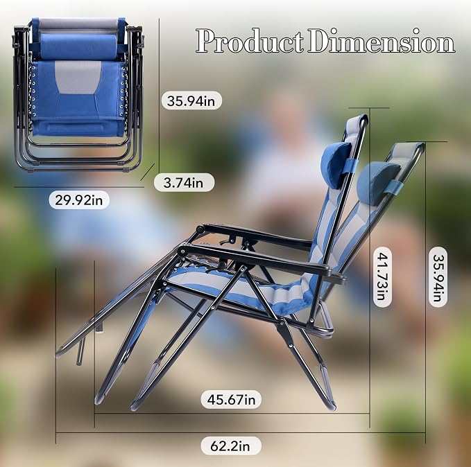 NEWBULIG Padded Zero Gravity Chair, Folding Lounge Chair Outdoor, Blue | Foldable Beach Camping Recliner Chair with Adjustable Pillow and Trays for Poolside Lawn Patio