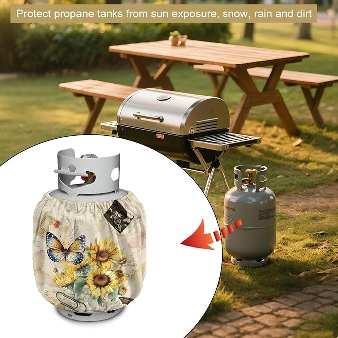 Camper Propane Tank Cover Butterfly Sunflower 20 lb Propane Tank Cover Protective Covers for Grill, Travel Trailer RV, and Outdoor Use Windproof Weatherproof Gas Covers