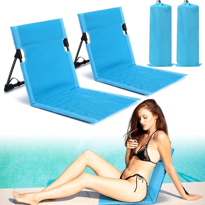 Karenhi 2 Pcs Foldable Poolside Beach Chairs for Edge of Pool Portable Beach Chairs Folding Pool Seats with Back Support Carry Bag for Adults Traveling Camping Picnic Lawn (Light Blue)