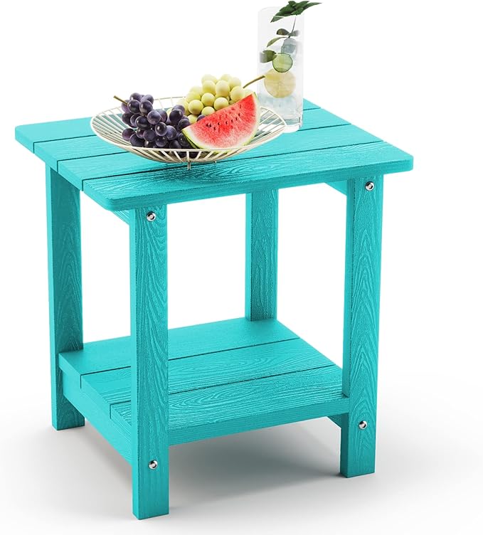 LUE BONA Adirondack Outdoor Side Table, 2-Tier Aruba Blue HDPS Patio End Table Weather Resistant, Outdoor Morden Side Table for Patio, Pool, Porch | 2-Tier Shelf for Extra Storage, Small End Table for Pool, Porch, Balcony, Weather Resistant HDPS, Easy ...